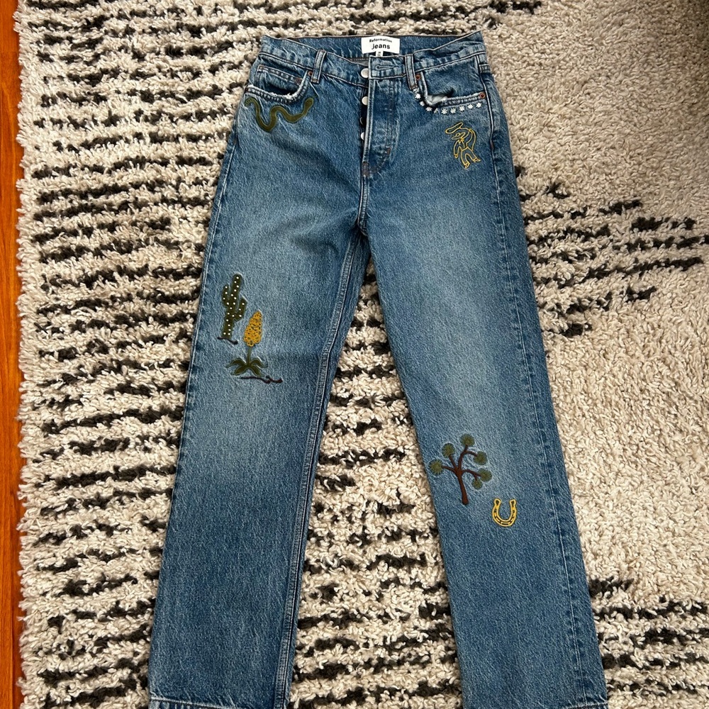 Reformation Blue Straight Leg Jeans with Embroidery